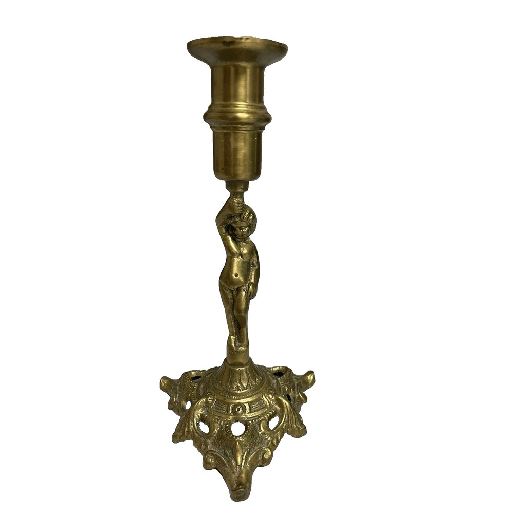 Vintage Brass Putti Cherub Candleholder Candle Stick Tripod Base 8.25" Tall
